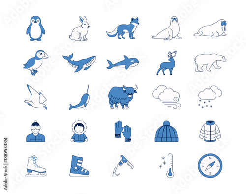Set of 25 arctic icons pack. Flat outline icons collection. Simple flat illustration concepts.