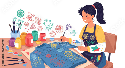Woman painting a blue sweater with colorful designs at her desk.