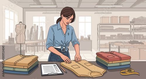 Woman Inspecting Clothing in a Fashion Design Studio.