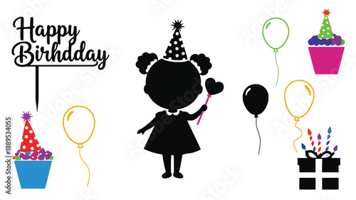 A colorful illustration of a little girl celebrating her happy birthday with friends and gifts