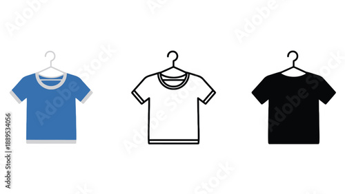 Three t-shirts in different colors hanging on hangers against a white background