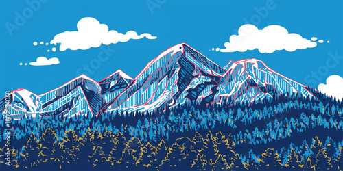 Snowy winter mountain landscape under a blue sky with frozen peaks and a panoramic view of the cold forest