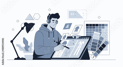 Digital Artist at Work Creative Designer with Tablet and Headphones.