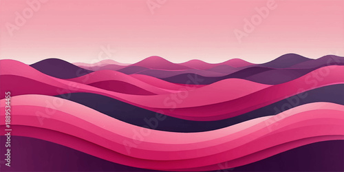 Abstract colorful sunset landscape with purple and pink mountains under a cloudy sky featuring a vector wave design and misty hills for a nature wallpaper
