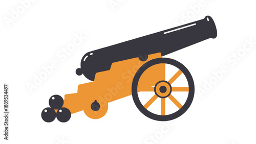A colorful illustration of a historic cannon on wheels with cannonballs