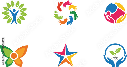 Abstract logo icon set with human figure hands leaves star and unity symbols modern colorful vector illustration branding design