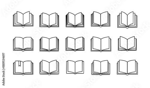 Minimal open book line icon set with paper pages vector illustration for library and publishing