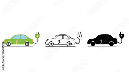 Three electric cars in different colors charging with various plug types