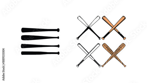 Four baseball bats in silhouette and four crossed bats in sketch style