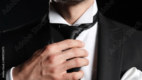Man in formal wear adjusting black tie elegant gentleman professional clothing business attire style fashion sophistication
