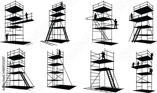Construction scaffolding tower silhouettes, industrial worker safety structures, building site framework, black vector illustration set for engineering, architecture, and renovation projects