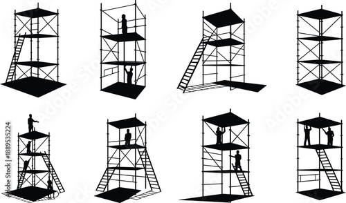 Construction scaffolding worker silhouette collection, industrial safety platform activity, building maintenance and renovation concept, black vector illustration set for architecture engineering use