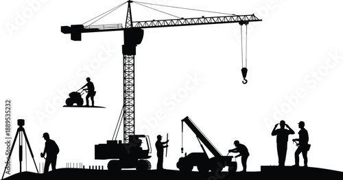 Construction site crane and workers silhouettes, heavy lifting machinery, civil engineering teamwork, industrial building process, black vector illustration isolated on white