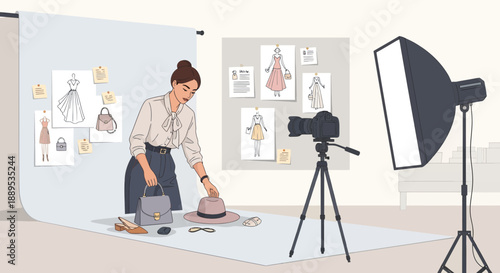 Fashion designer arranging accessories for a photoshoot in her studio.