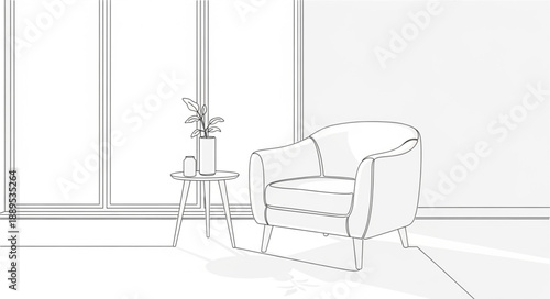 Sketch of a comfortable armchair next to a small side table with a plant.