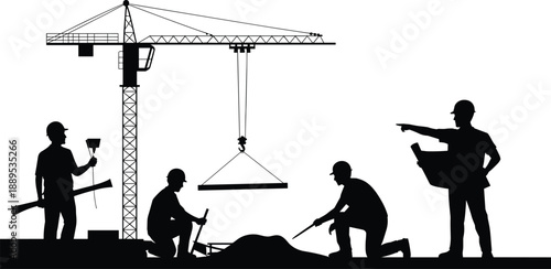 Construction site worker silhouettes with tower crane, engineers and builders performing teamwork tasks, heavy equipment operation and building development, black vector illustration