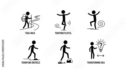 Six stick figure icons representing different life concepts and actions.