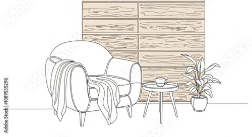 Sketch of a comfortable armchair next to a small table and plant.