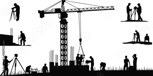 Construction site surveyors and crane operation silhouettes, civil engineering teamwork, building foundation work, urban development process, black vector illustration isolated on white