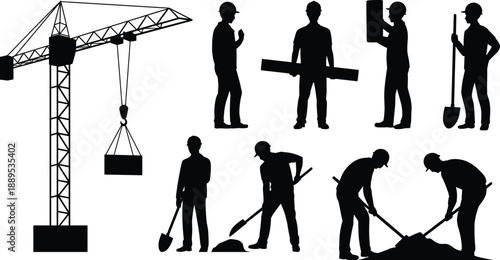 Construction workers and tower crane silhouettes, industrial building site activities, manual labor teamwork, engineering infrastructure concept, black vector illustration isolated on white background