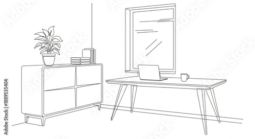 Sketch of a modern dresser and vanity table with mirror.