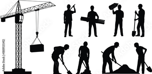 Construction workers and tower crane silhouettes, industrial building site labor activities, teamwork safety concept, engineering infrastructure development, black vector illustration isolated