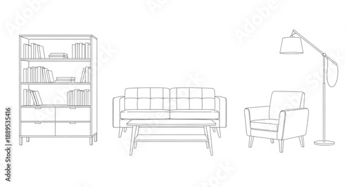 Sketch of a Living Room Furniture Set with Bookshelf Sofa and Armchair.