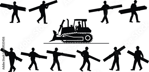 Construction workers carrying wooden beams with bulldozer machinery, teamwork material handling concept, industrial labor process, black silhouette vector illustration isolated on white background