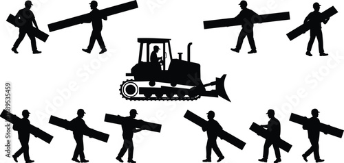 Construction workers carrying wooden beams with bulldozer, teamwork material transport concept, industrial workforce activity, heavy equipment operation, black silhouette vector 