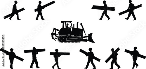 Construction workers carrying wooden planks around bulldozer, teamwork material handling concept, industrial labor workflow, heavy equipment operation, black silhouette vector illustration isolated 