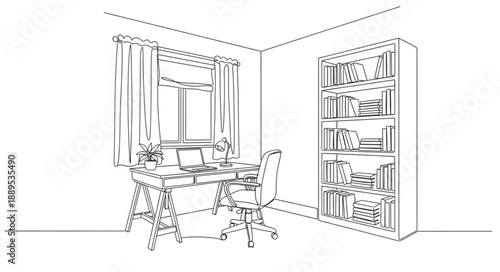 Sketch of a home office with desk and bookshelf.