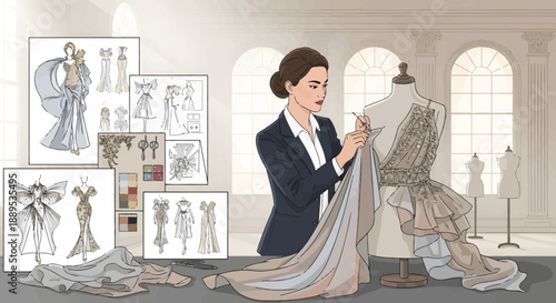 Fashion Designer at Work Crafting a Bespoke Gown.