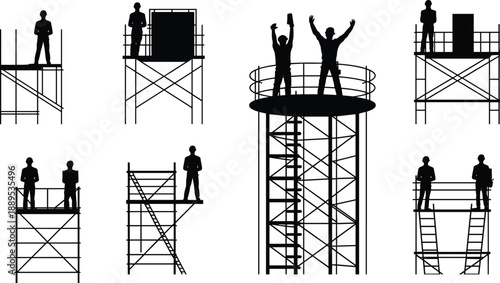 Construction workers on scaffolding platforms silhouettes, industrial safety teamwork at height, engineering labor structures, black vector illustration isolated on white background