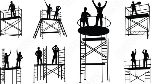 Construction workers on scaffolding silhouettes, industrial building site teamwork, safety work platforms, engineering labor concept, black vector illustration isolated on white background
