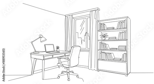 Sketch of a home office desk with chair and bookshelf.