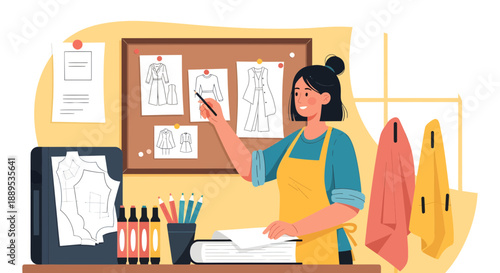 Fashion Designer at Work Creating New Designs in Studio.