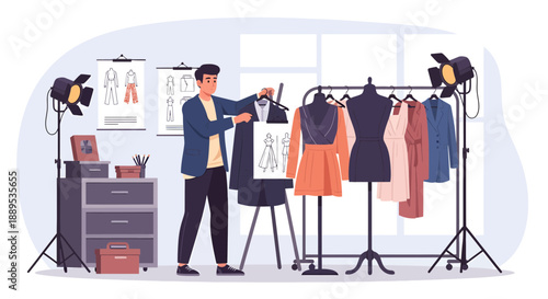 Fashion Designer at Work Creating New Designs in Studio 1.