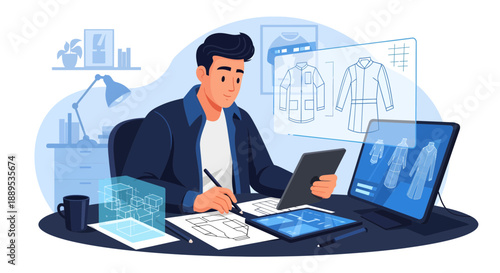 Fashion Designer at Work Creating New Designs with Digital Tools.