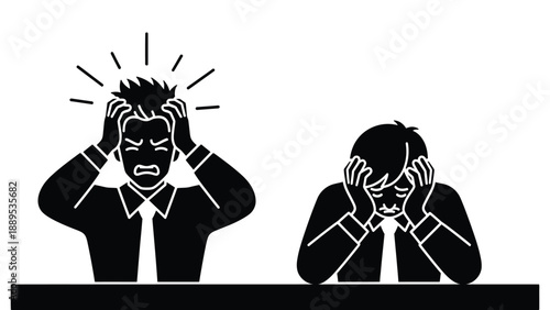 Two stressed businessmen sitting at a desk with their hands on their heads