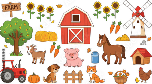 Cute farm animals vector collection with red barn, tractor, windmill, and countryside elements isolated on grey background