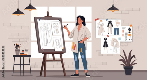 Fashion Designer at Work Sketching Designs on Easel in Studio.