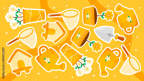 Bright yellow pattern with gardening watering cans and spring flowers