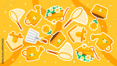 Cute golden pattern with garden wheelbarrows and watering cans