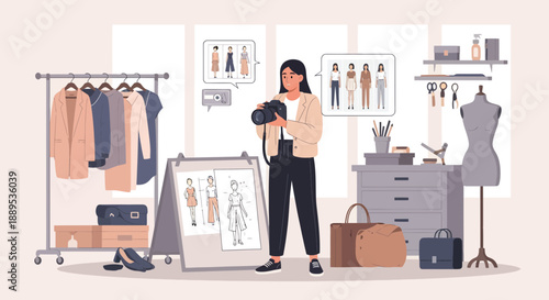 Fashion Designer Capturing Designs with Camera in Studio.