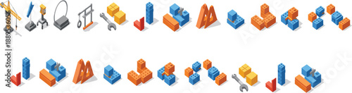 Isometric construction tools and building blocks set with cranes bricks and equipment, industrial engineering icons, modern vector illustration