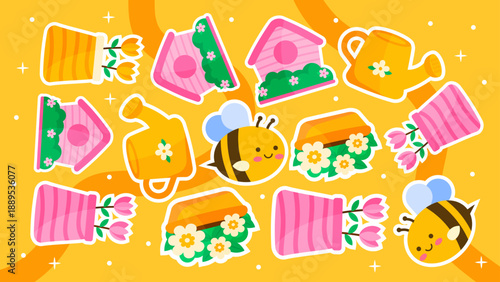 Soft pink and yellow pattern with birdhouses and busy honey bees