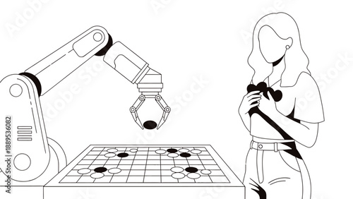 A woman watches a robotic arm play a game of Go