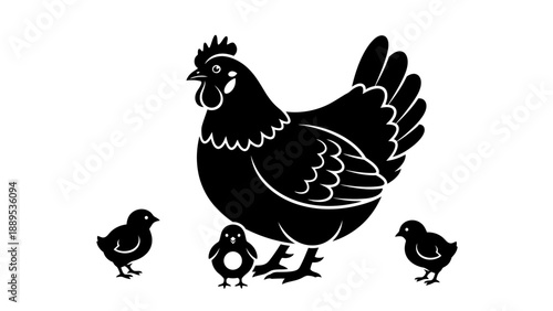 A large black chicken with several small chicks standing together