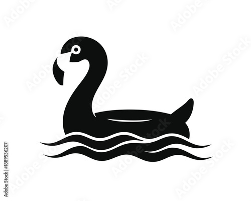 Minimalist black icon of a stylized aquatic bird pool float, gracefully resting on gentle waves, symbolizing summer leisure, serene relaxation, and refreshing aquatic enjoyment