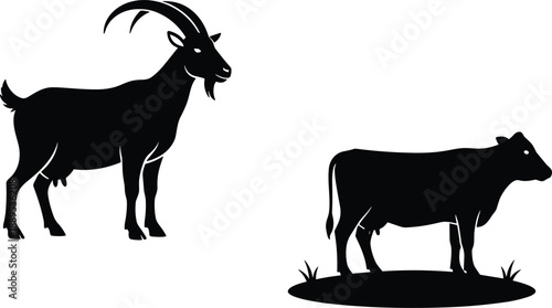 Black goat and cow silhouette illustration set for farming agriculture livestock rural and nature design